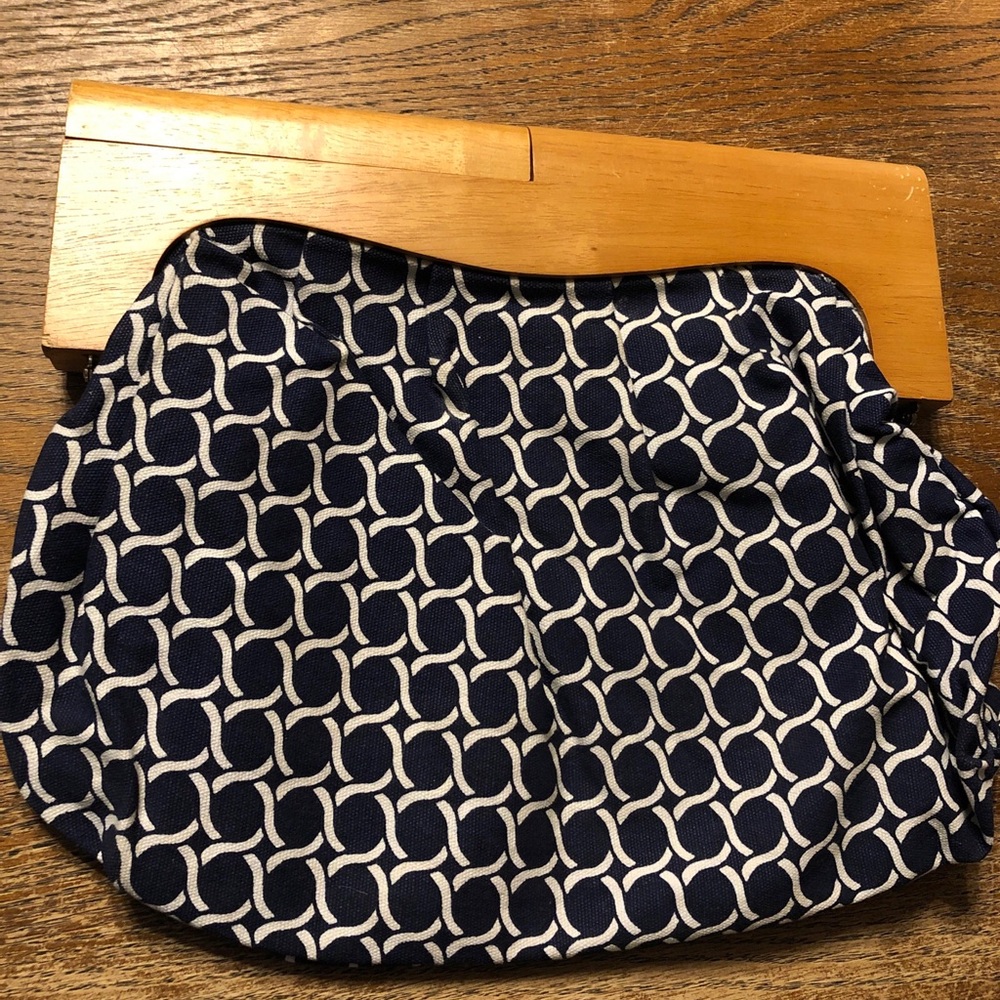 Navy Geometric Print purse with wood handle